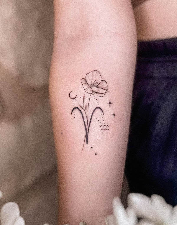 Flower and constellation fine line tattoo by @miakono.tattoo