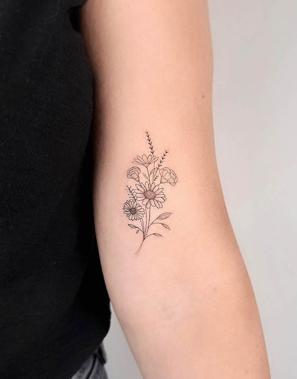 Flower bouquet fine line tattoo by @cha.tattoo